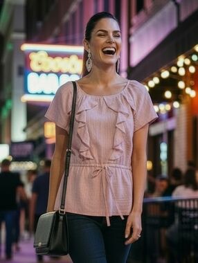 Banana Republic Pink Ruffle Blouse M Womens Tie Waist Romantic Short Sleeve